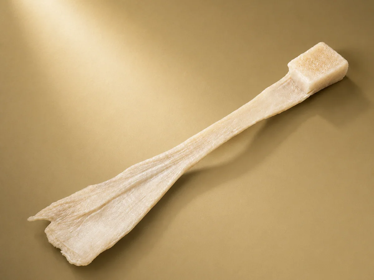 Achilles tendon allograft with attached bone block on a warm studio surface